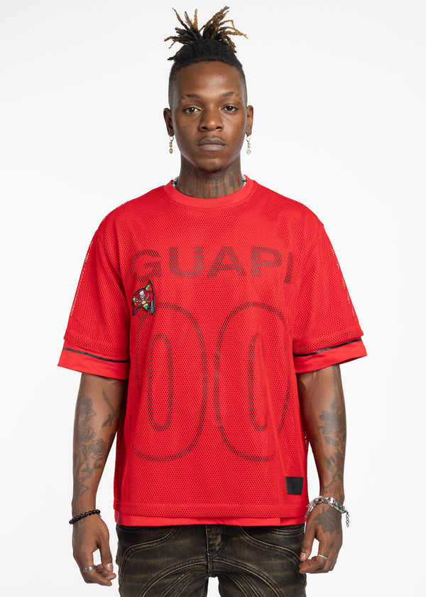 関税込【GUAPI】Crimson Red Embellished Football Tee Crimson Red Mesh Kids Football Tee - Guapi Clothing