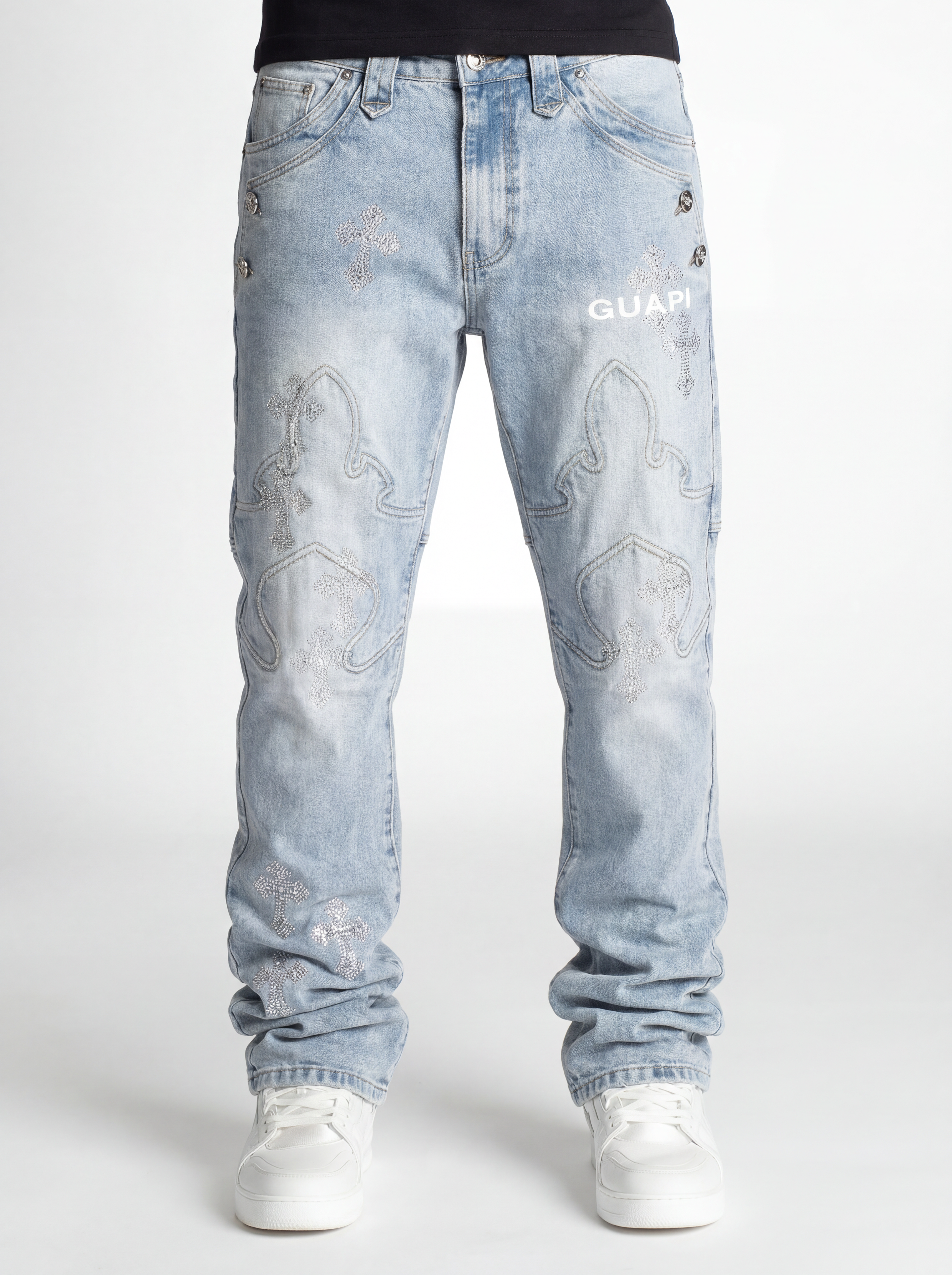 パンツ GUAPI Aqua Blue Cross Buckle Denim 32 パンツ GUAPI Aqua Blue Cross Buckle Denim 32 Aqua Blue Cross