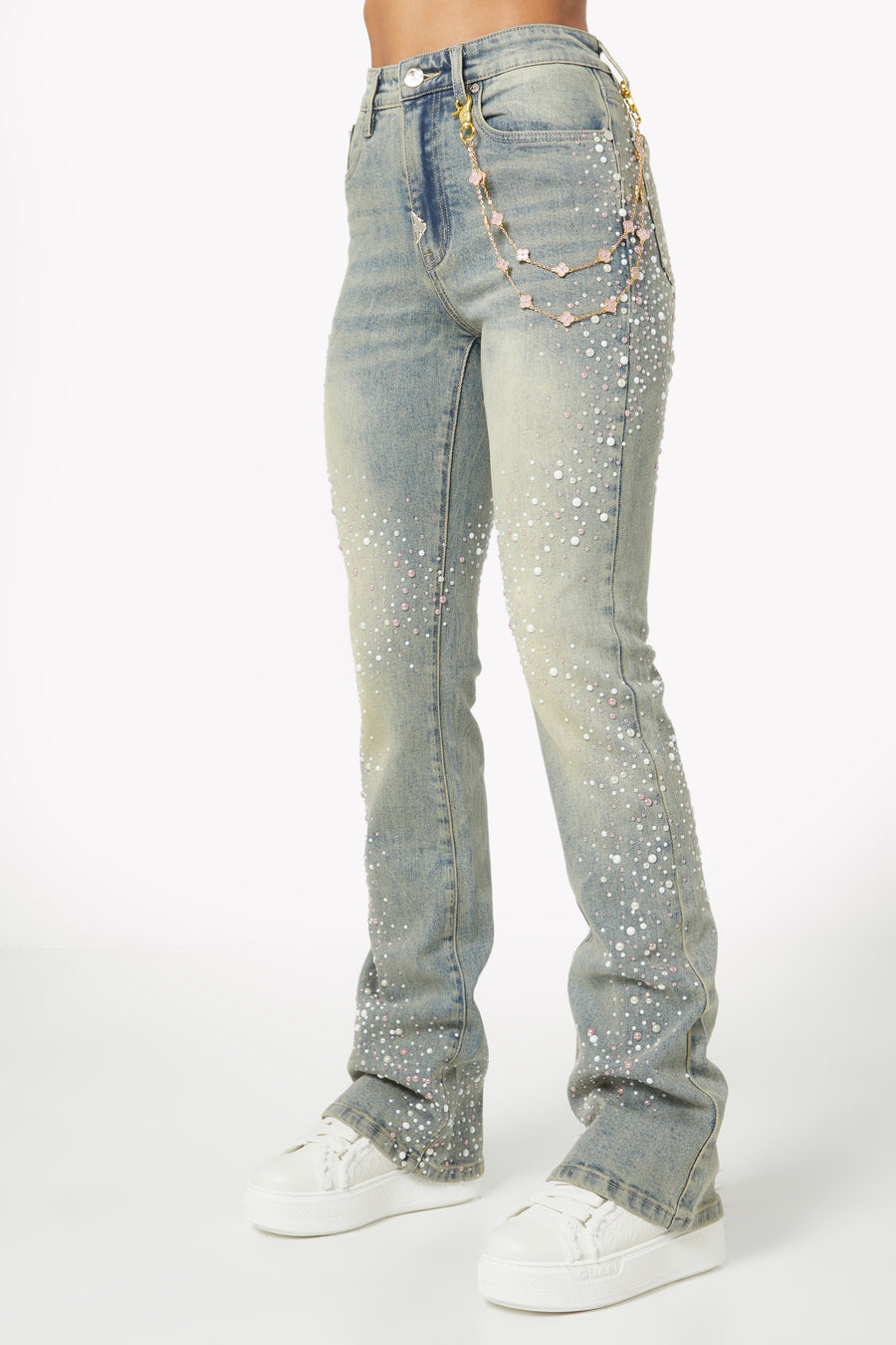 Pink Pearls Embellished Denim