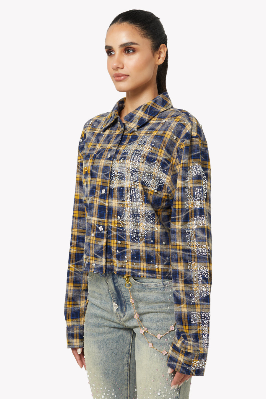 Navy Gold Cropped Flannel