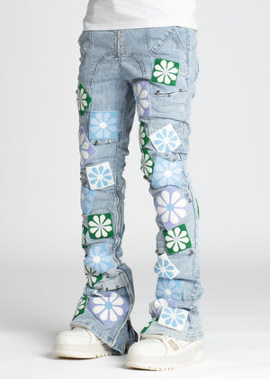 Aqua Blue Flowers Denim