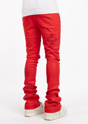 Crimson Red Icon Embellished Denim