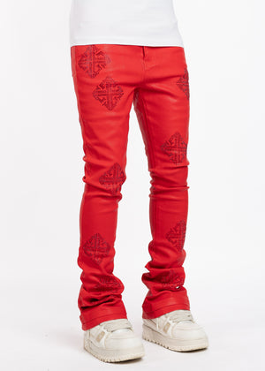 Crimson Red Icon Embellished Denim