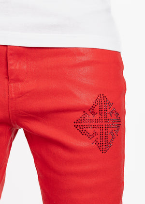 Crimson Red Icon Embellished Denim