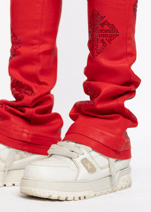 Crimson Red Icon Embellished Denim