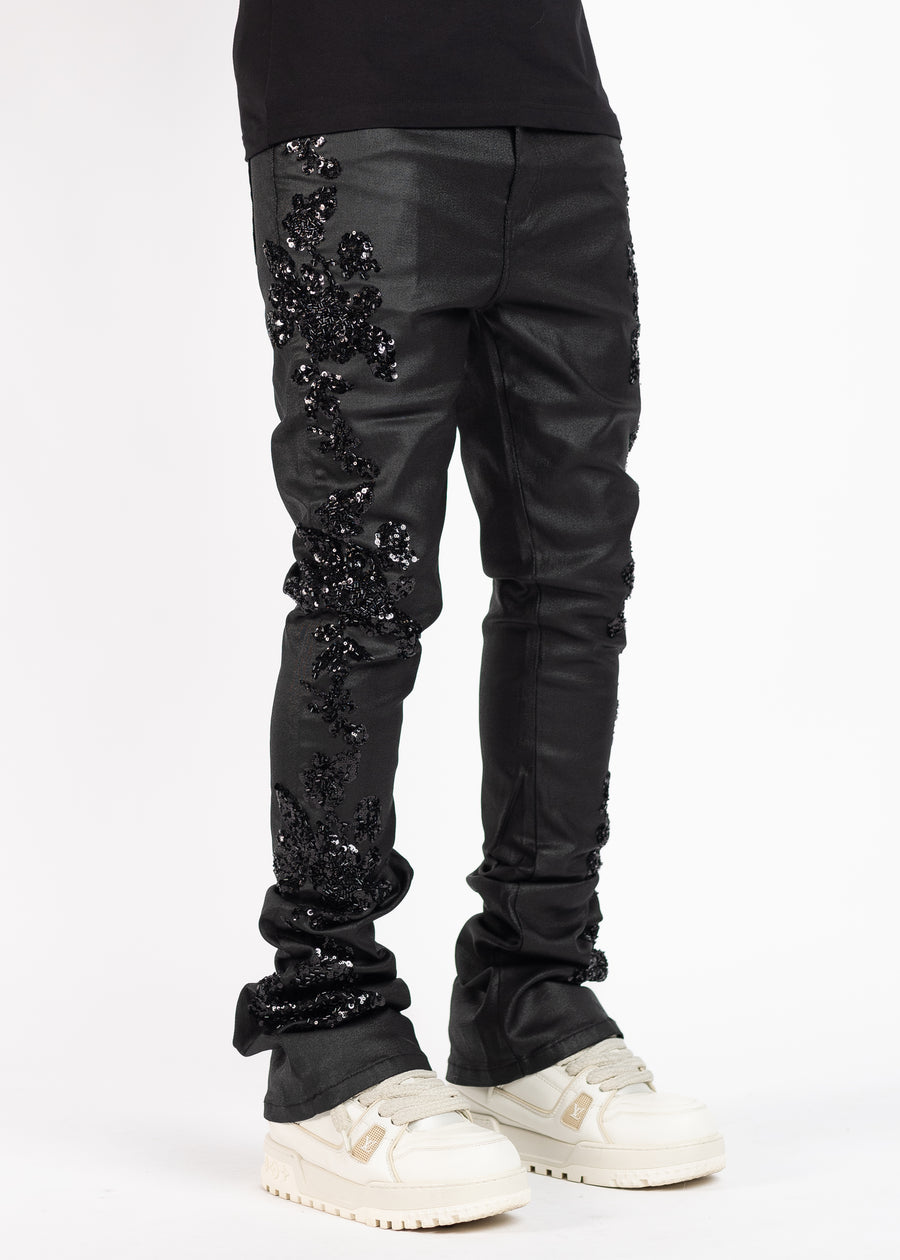 All Black Flowers Embellished Denim