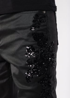 All Black Flowers Embellished Denim