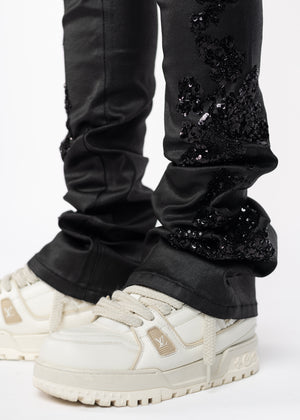 All Black Flowers Embellished Denim