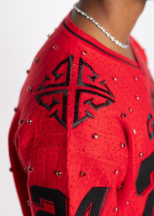 Crimson Red Embellished Football Tee