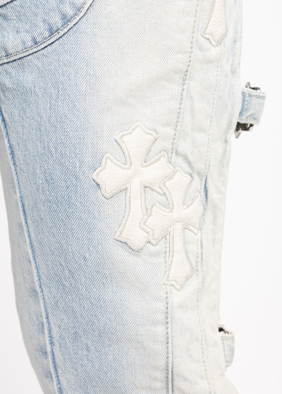 Aqua Blue Cross Buckle Denim