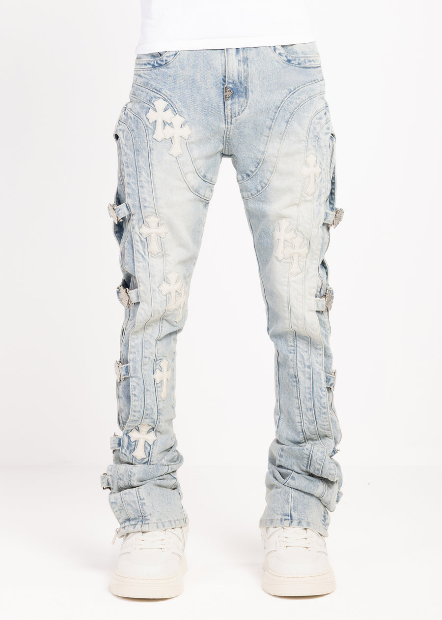 Aqua Blue Cross Buckle Denim