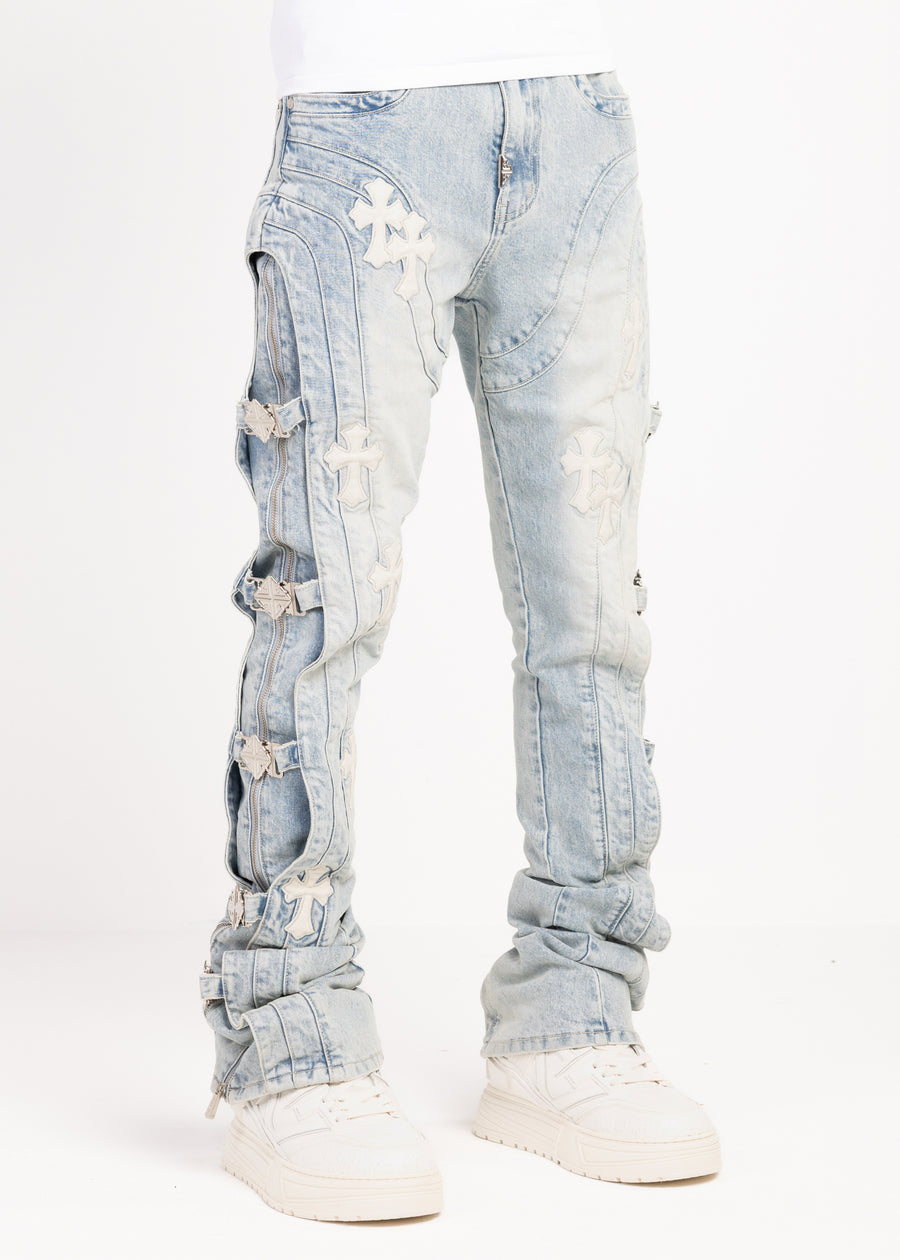 Aqua Blue Cross Buckle Denim