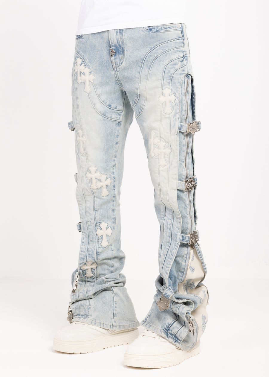 Aqua Blue Cross Buckle Denim