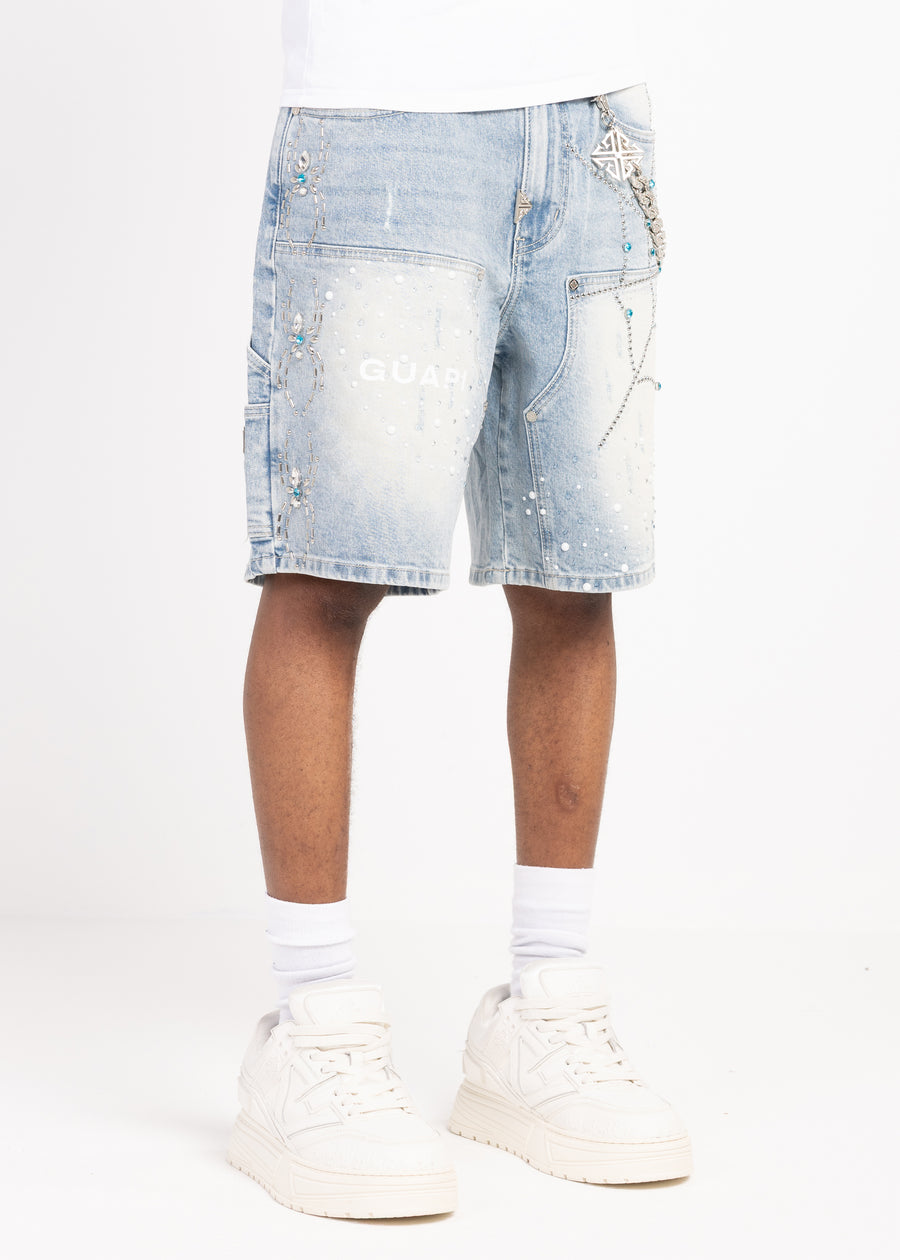 Aqua Blue Spider Denim Shorts