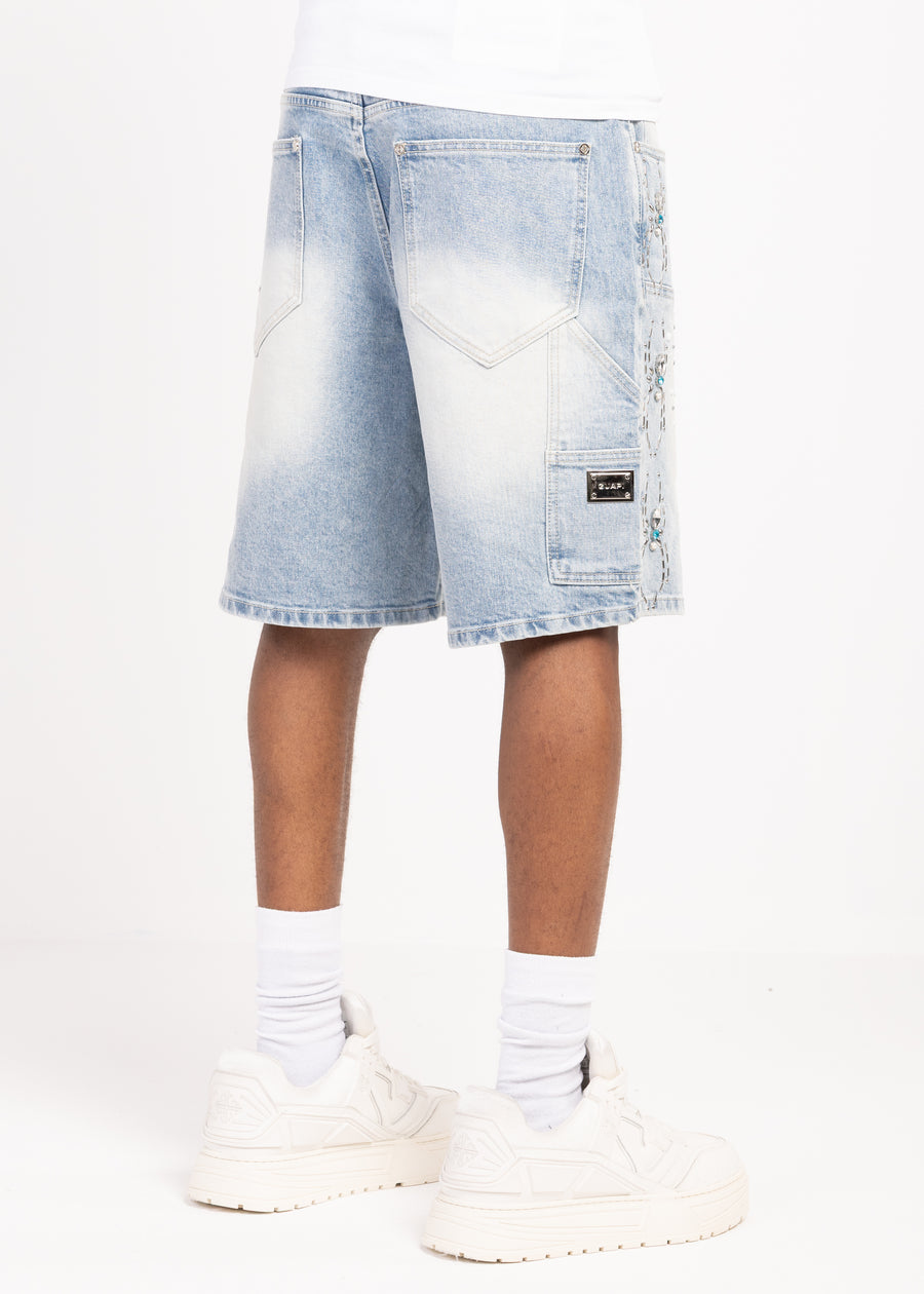 Aqua Blue Spider Denim Shorts
