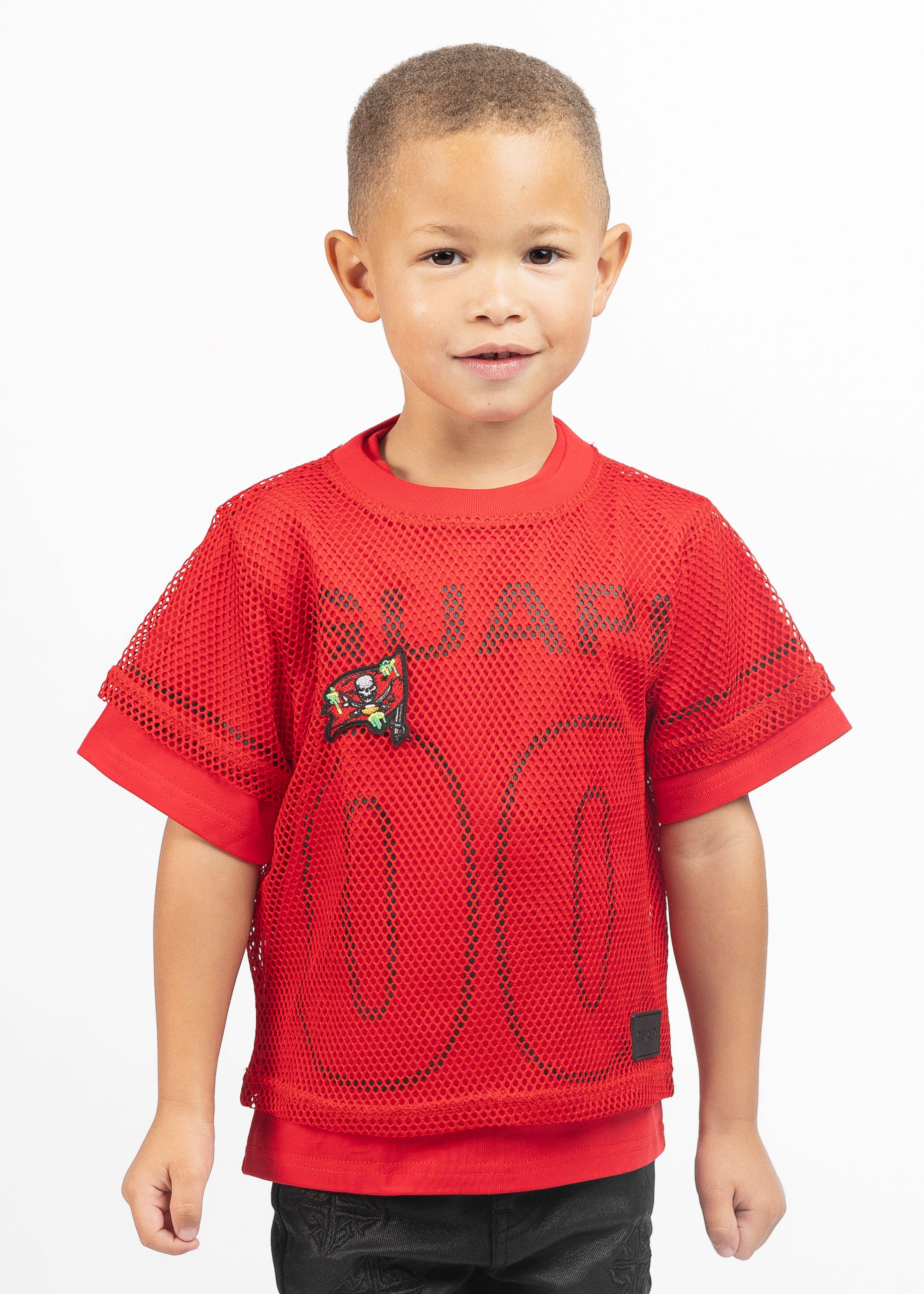 関税込【GUAPI】Crimson Red Embellished Football Tee Crimson Red Mesh Kids Football Tee - Guapi Clothing