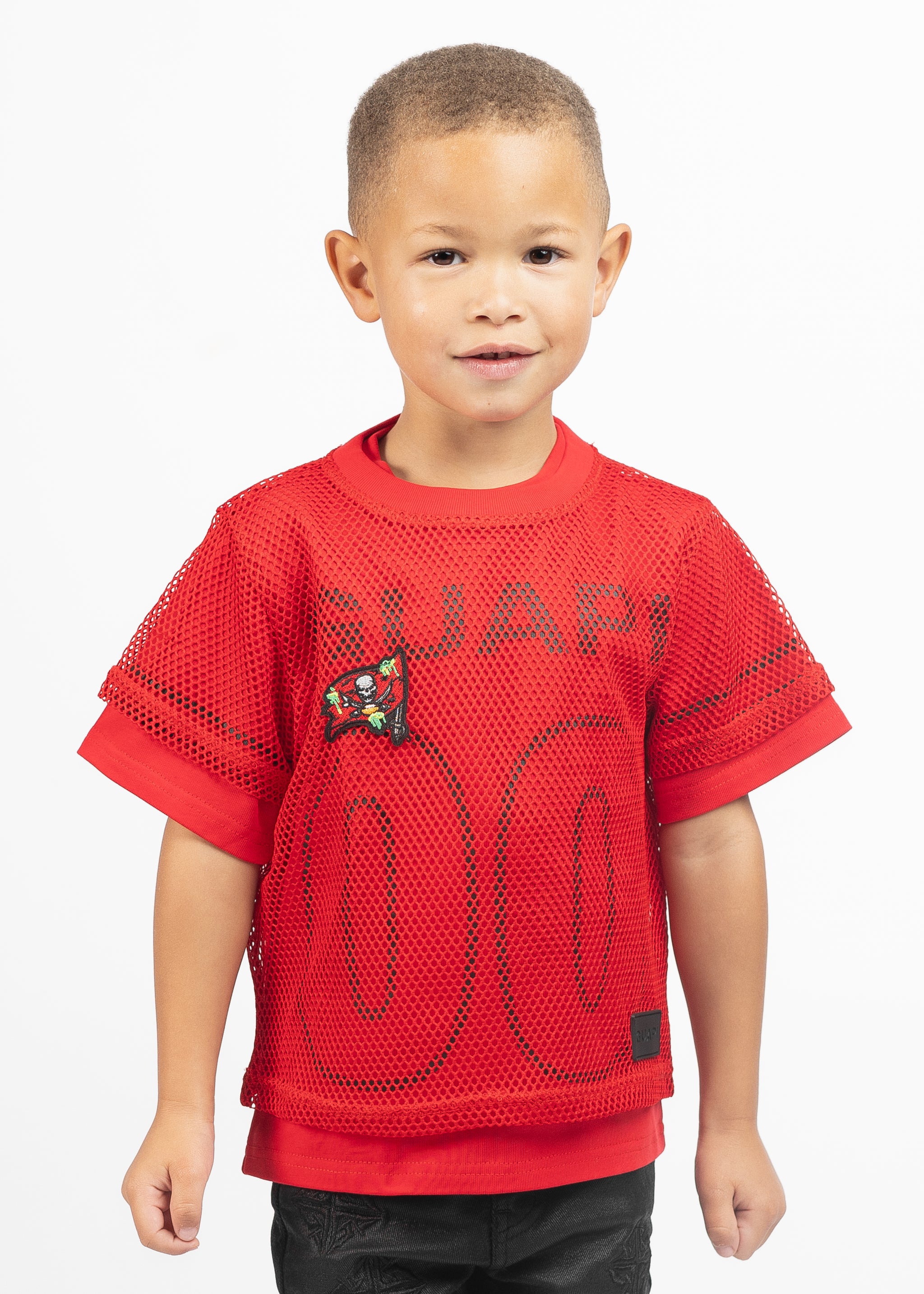 クリムゾンレッドメッシュキッズフットボールTシャツ