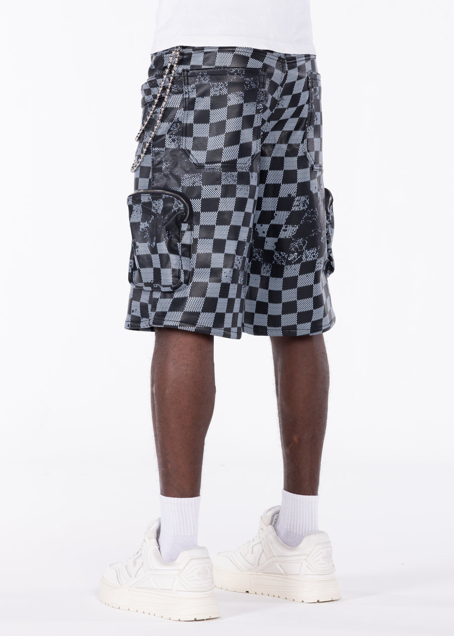 Obsidian Black Checkerboard Leather Shorts