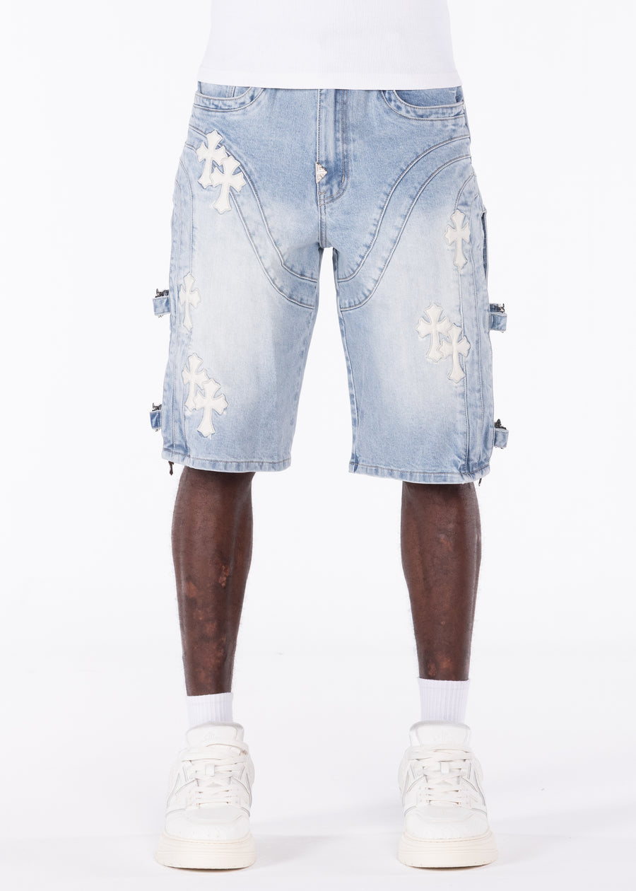 Aqua Blue Cross Buckle Shorts