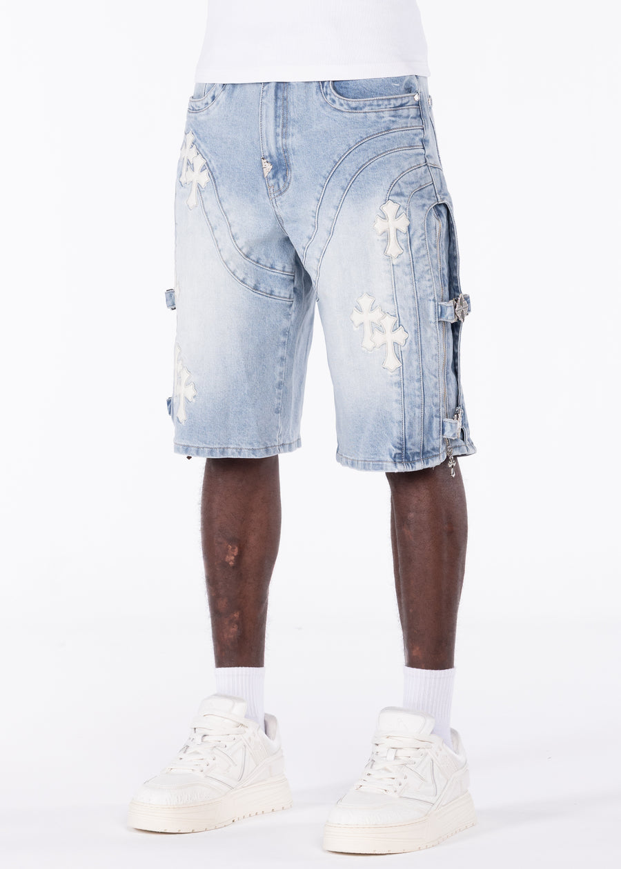 Aqua Blue Cross Buckle Shorts