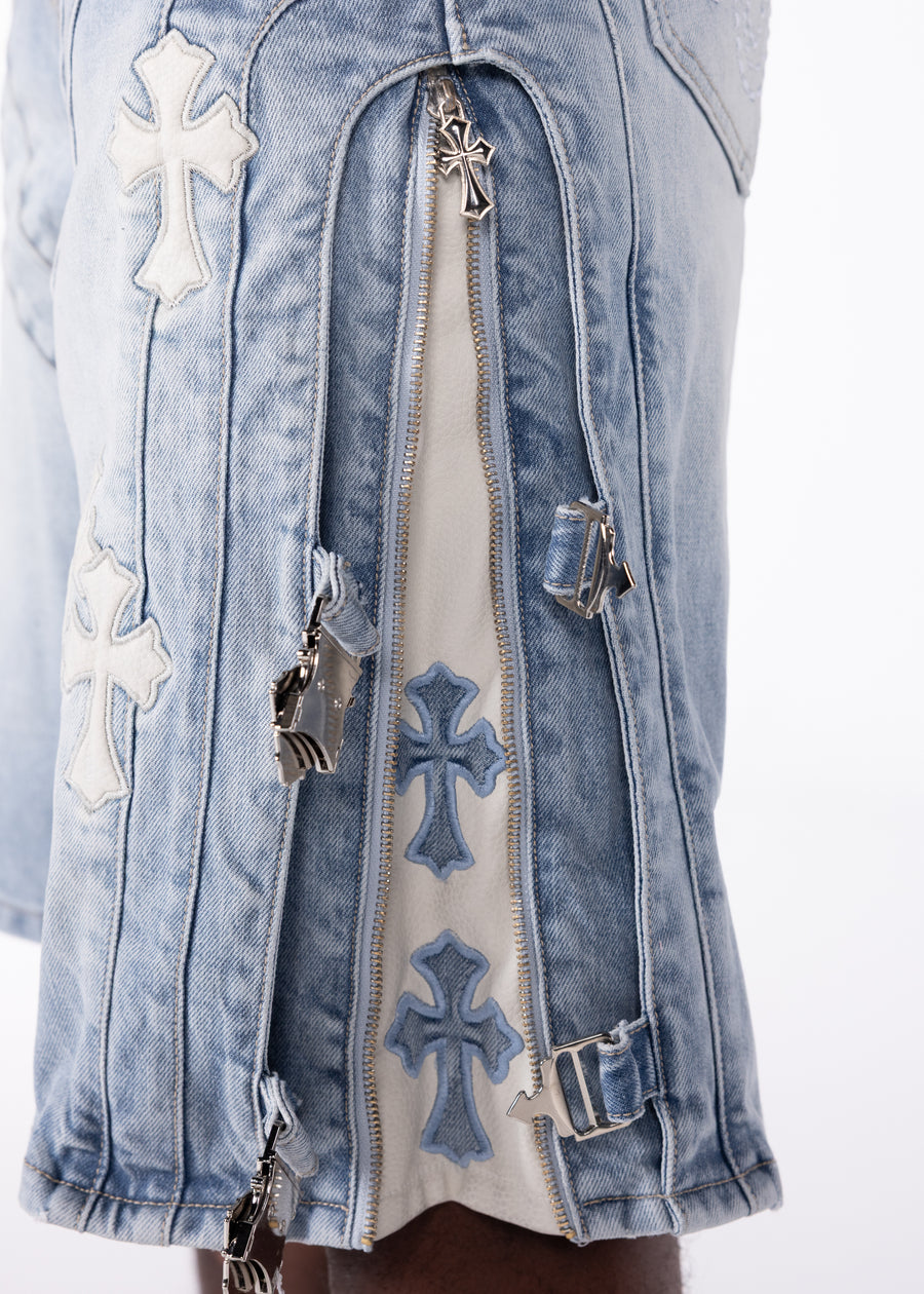 Aqua Blue Cross Buckle Shorts