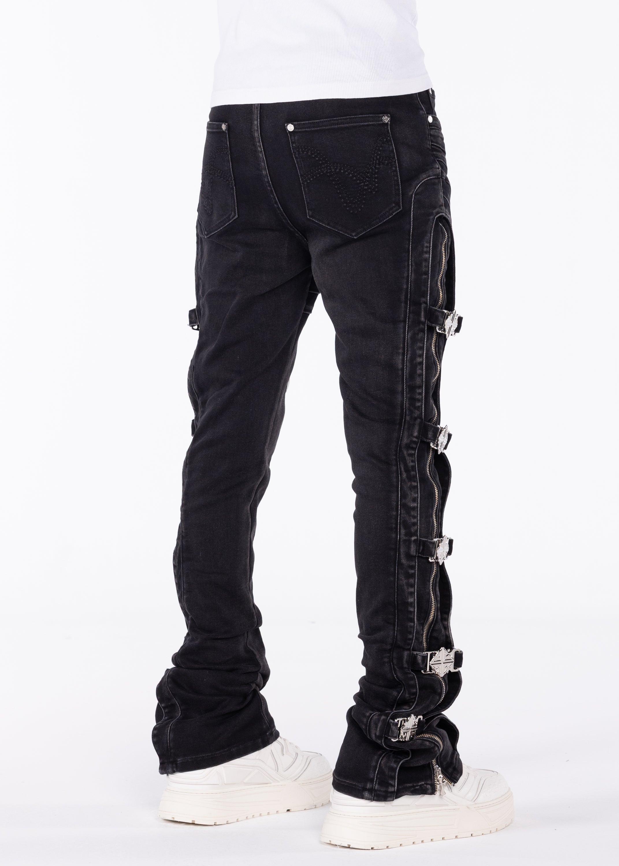 パンツ GUAPI Black Waxed Rope Denim Obsidian Black Cross Buckle Denim – GUAPI CLOTHING FZ-LLC