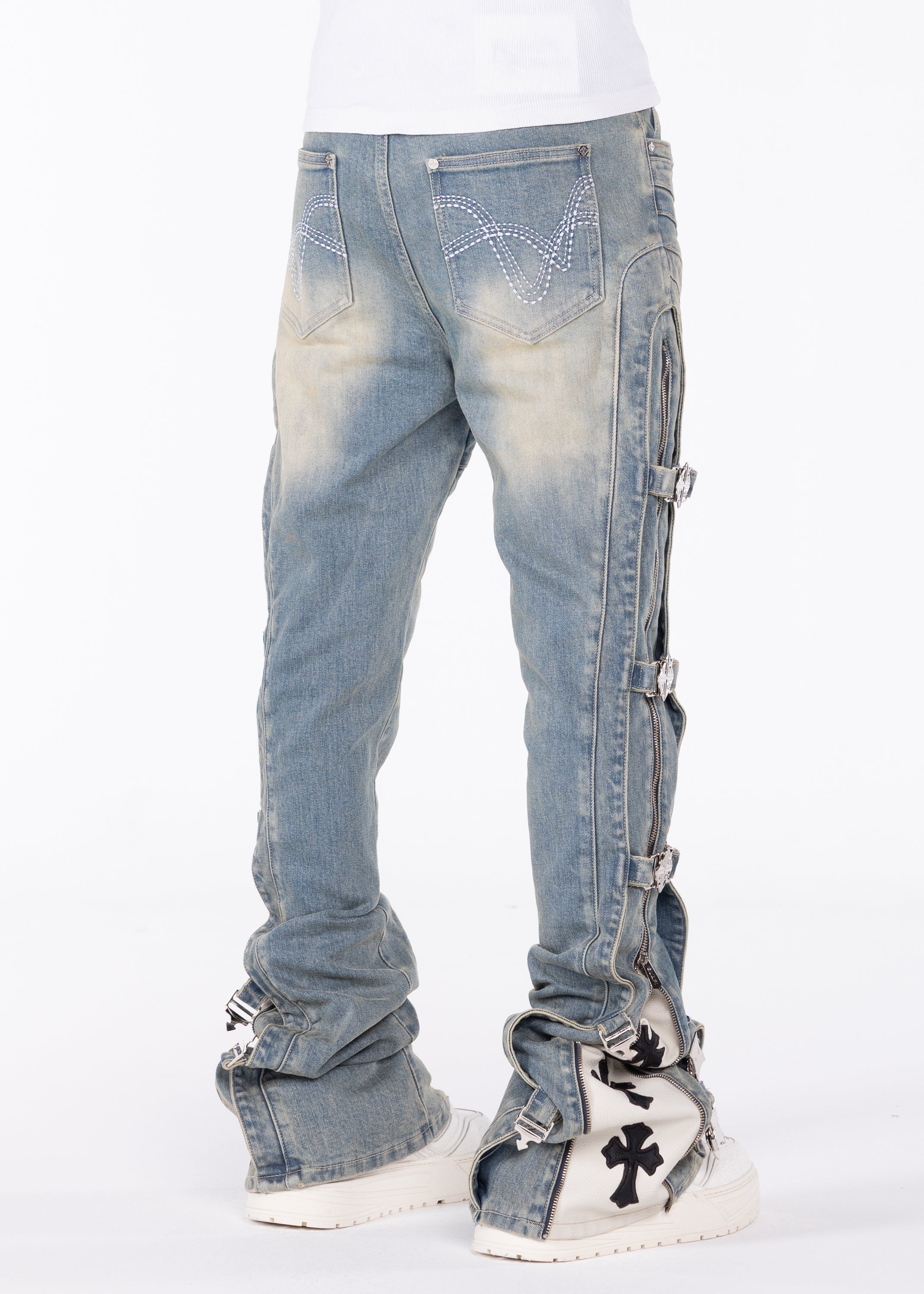 パンツ GUAPI Aqua Blue Cross Buckle Denim 32 Vintage Blue Cross Buckle Denim – GUAPI CLOTHING FZ-LLC