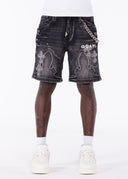 Obsidian Black Faded Cross Denim Shorts