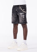 Obsidian Black Faded Cross Denim Shorts