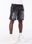 Obsidian Black Faded Cross Denim Shorts