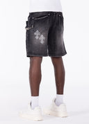 Obsidian Black Faded Cross Denim Shorts