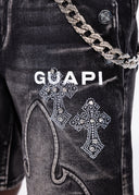 Obsidian Black Faded Cross Denim Shorts