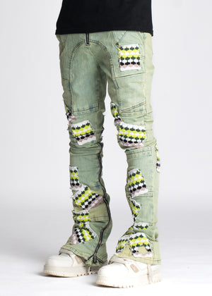 Slime Green Knit Patches Denim