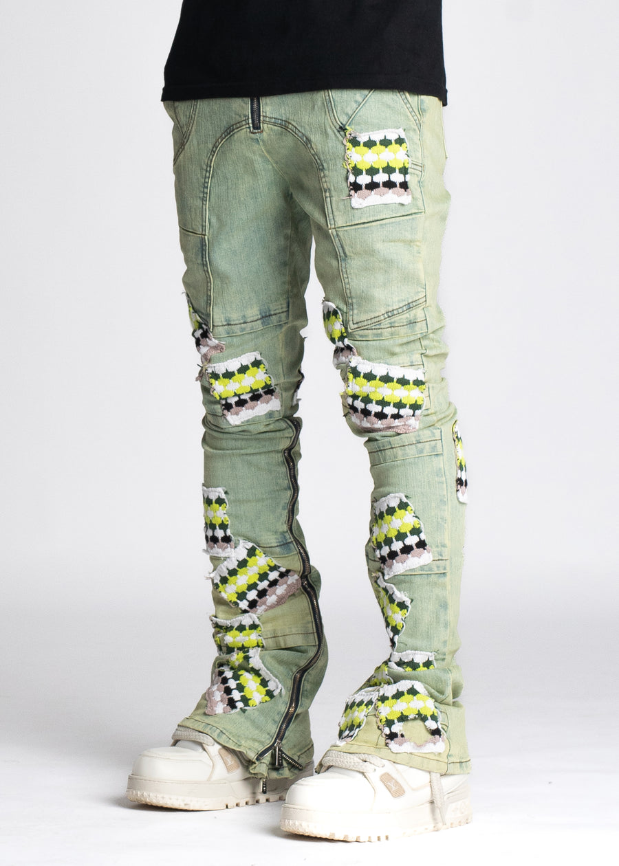 Slime Green Knit Patches Denim
