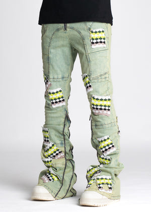 Slime Green Knit Patches Denim