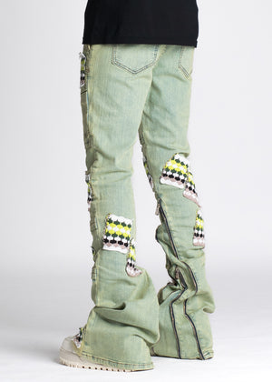 Slime Green Knit Patches Denim