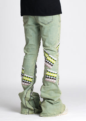 Slime Green Knit Patches Denim