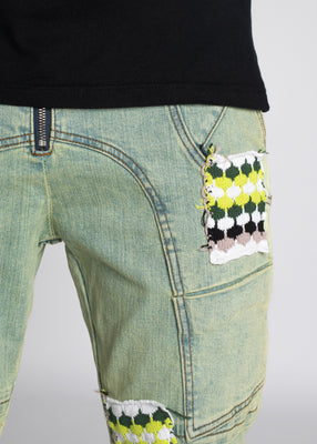 Slime Green Knit Patches Denim - Guapi Clothing Slime Green Knit Patches Denim - Guapi Clothing