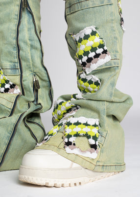 Slime Green Knit Patches Denim - Guapi Clothing Slime Green Knit Patches Denim - Guapi Clothing
