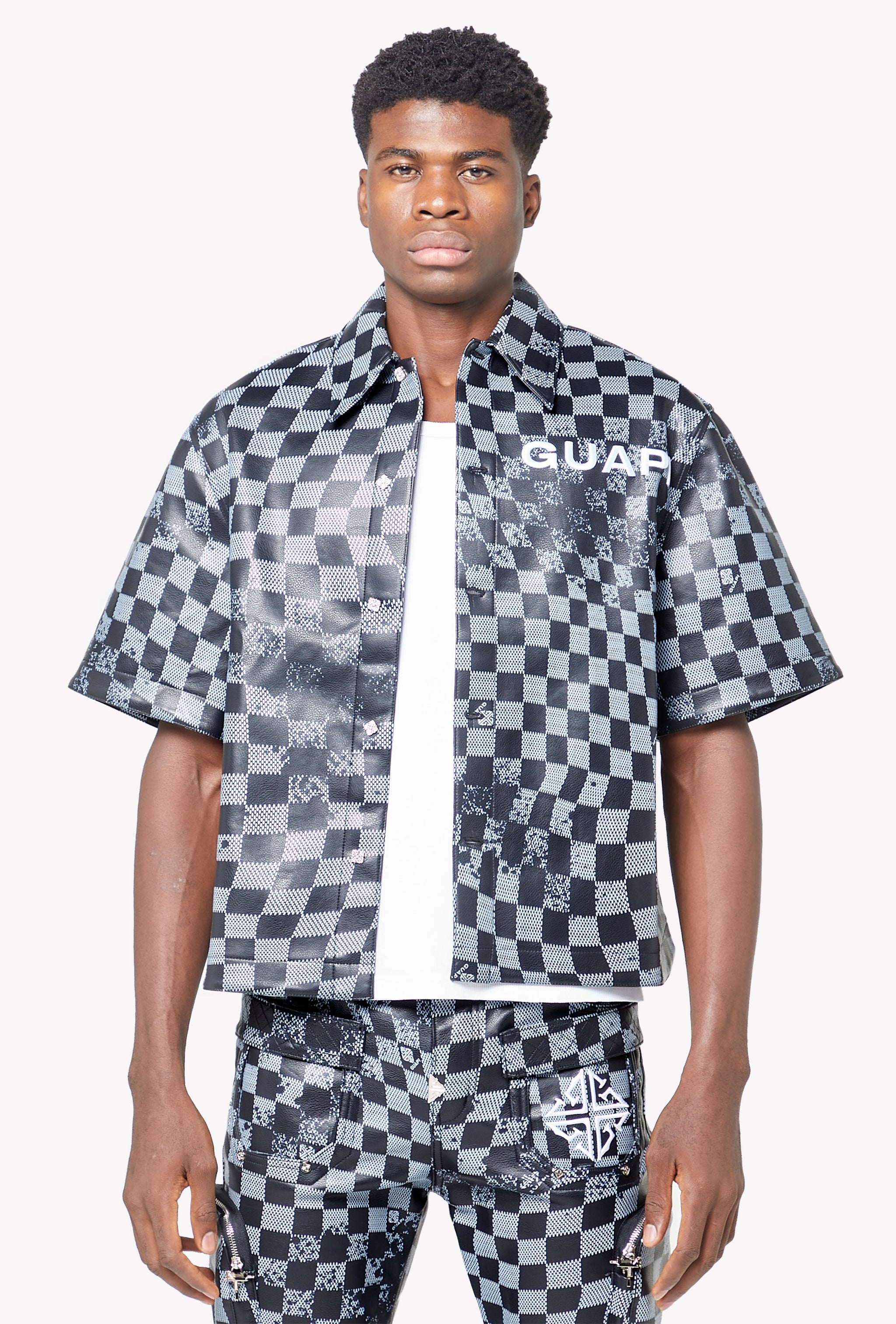 Obsidian Black Checkerboard  Leather Shirt