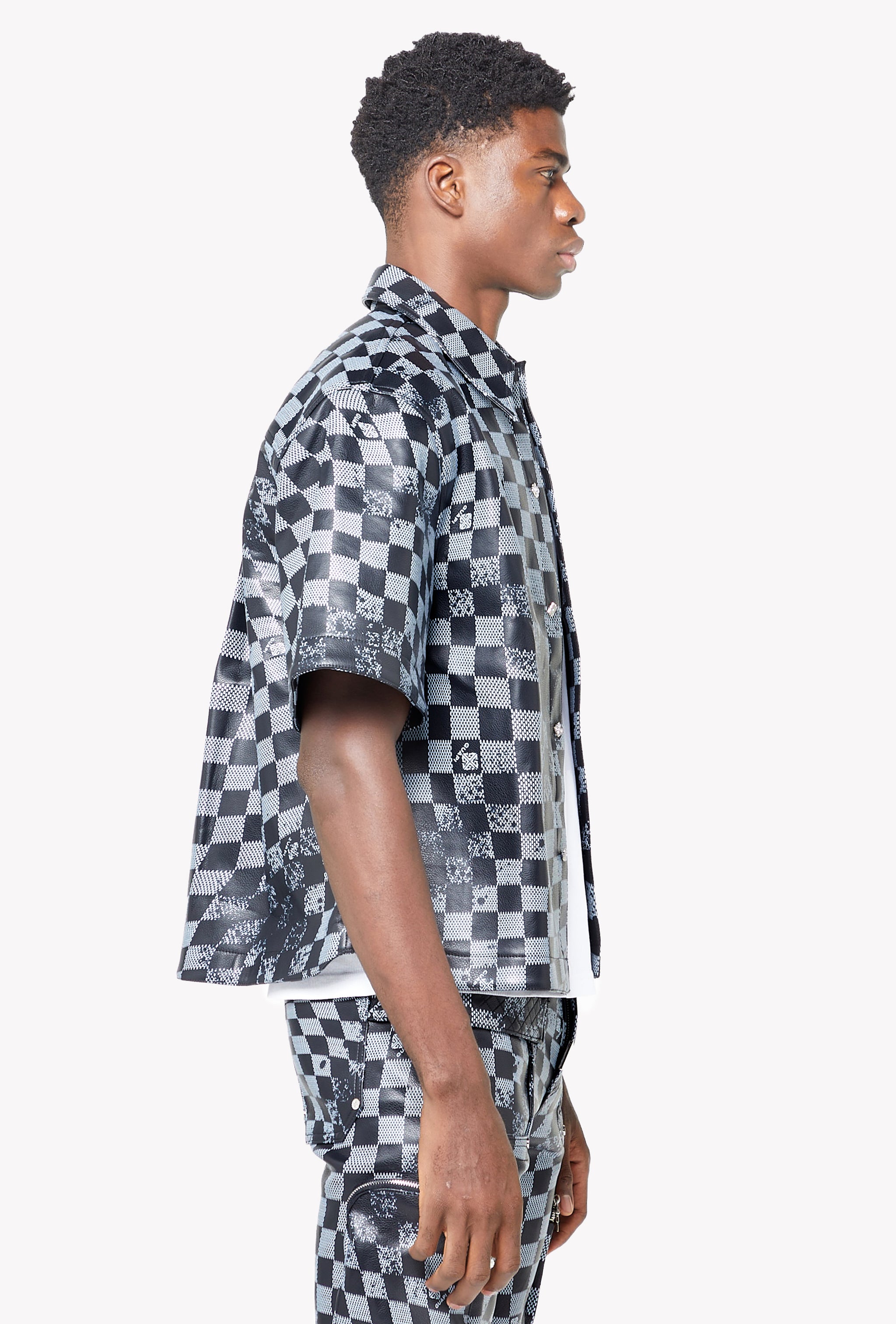 Obsidian Black Checkerboard  Leather Shirt