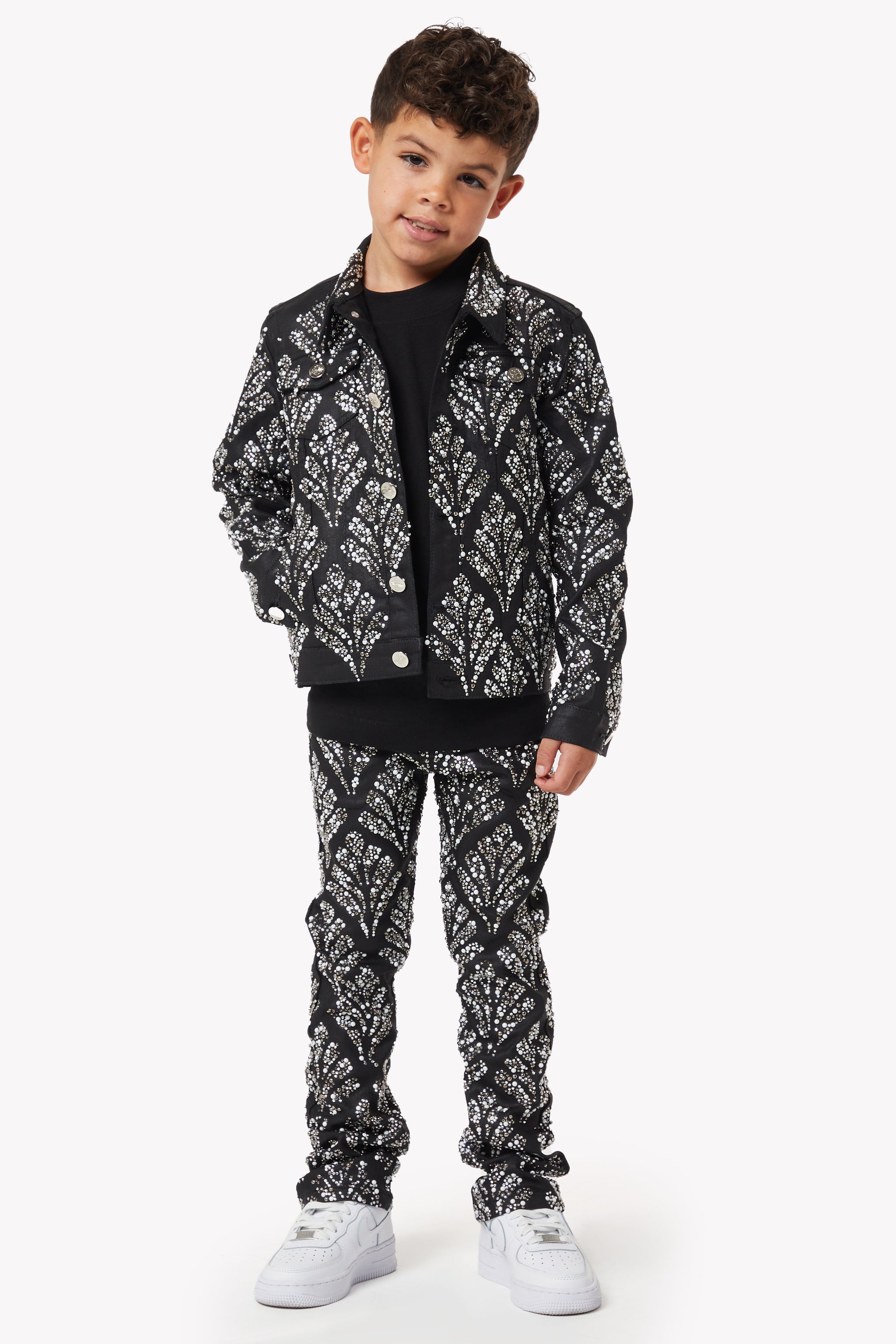 Obsidian Black Embellished Kids Denim Set