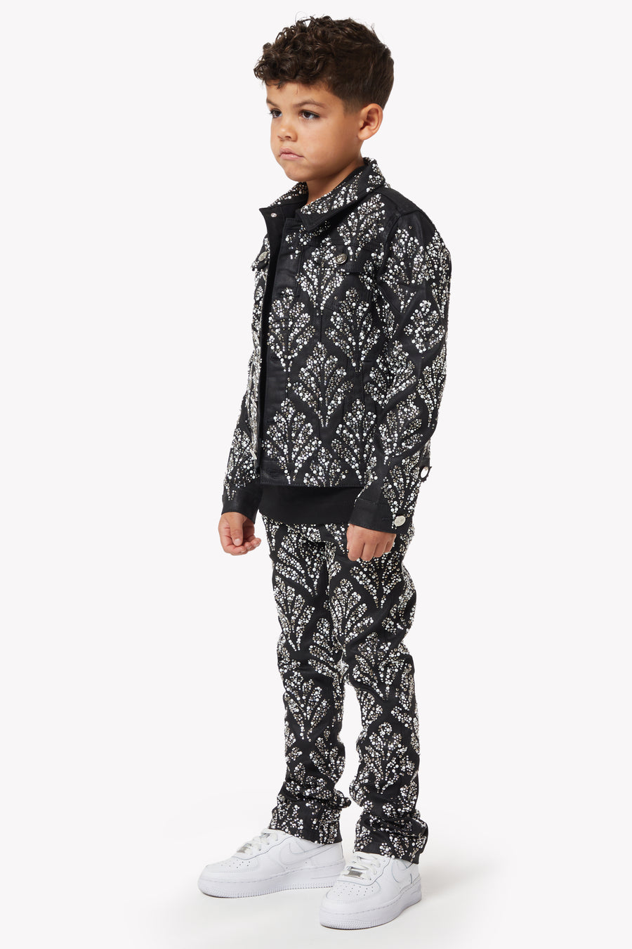 Obsidian Black Embellished Kids Denim Set