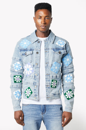 Aqua Blue Flowers Denim Jacket
