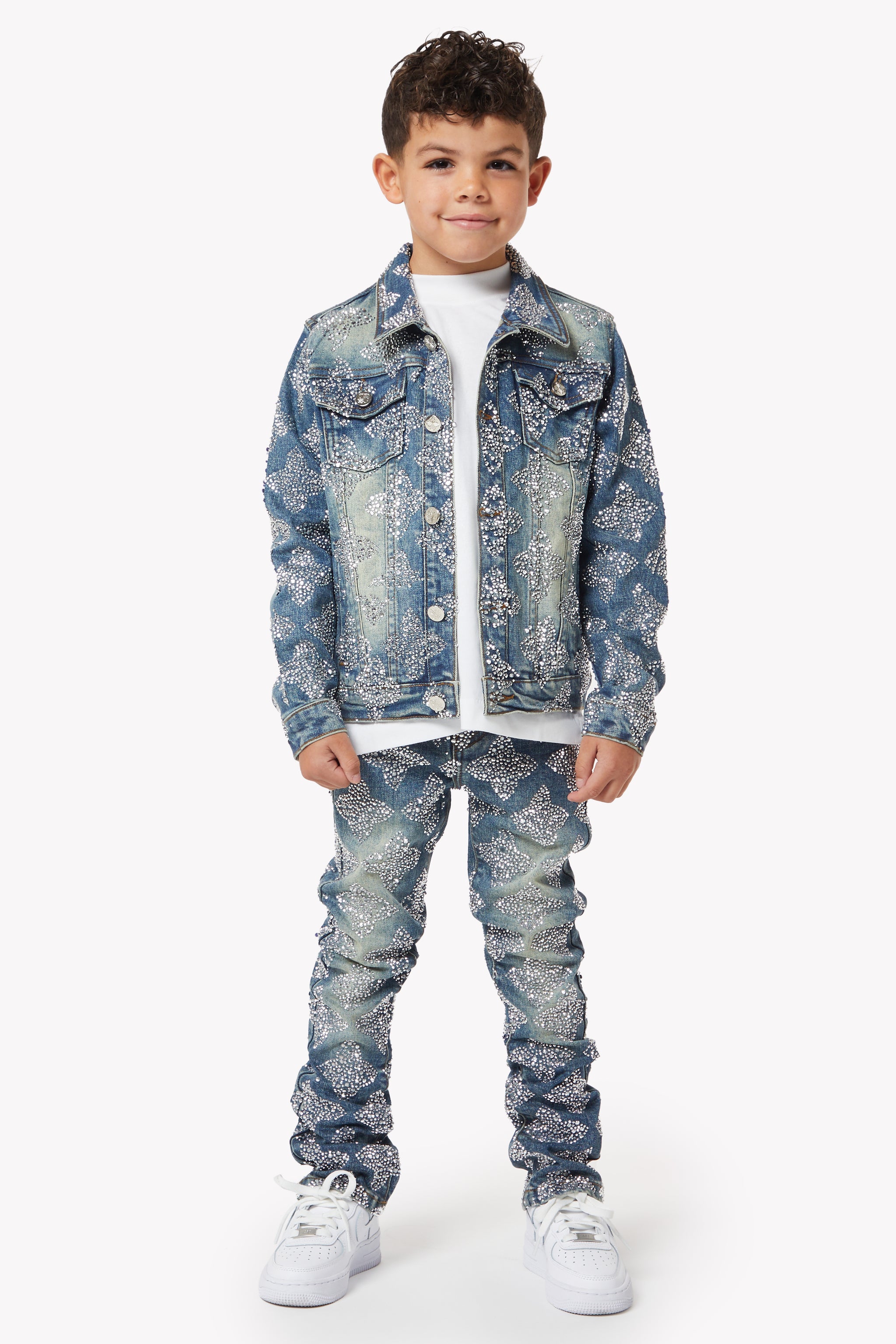 Vintage Blue Embellished Kids Denim Set