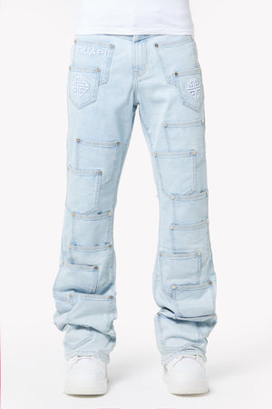 Aqua Blue Pockets Flared Denim