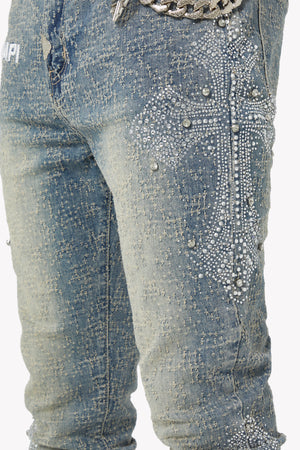 Vintage Blue Distressed Cross Denim