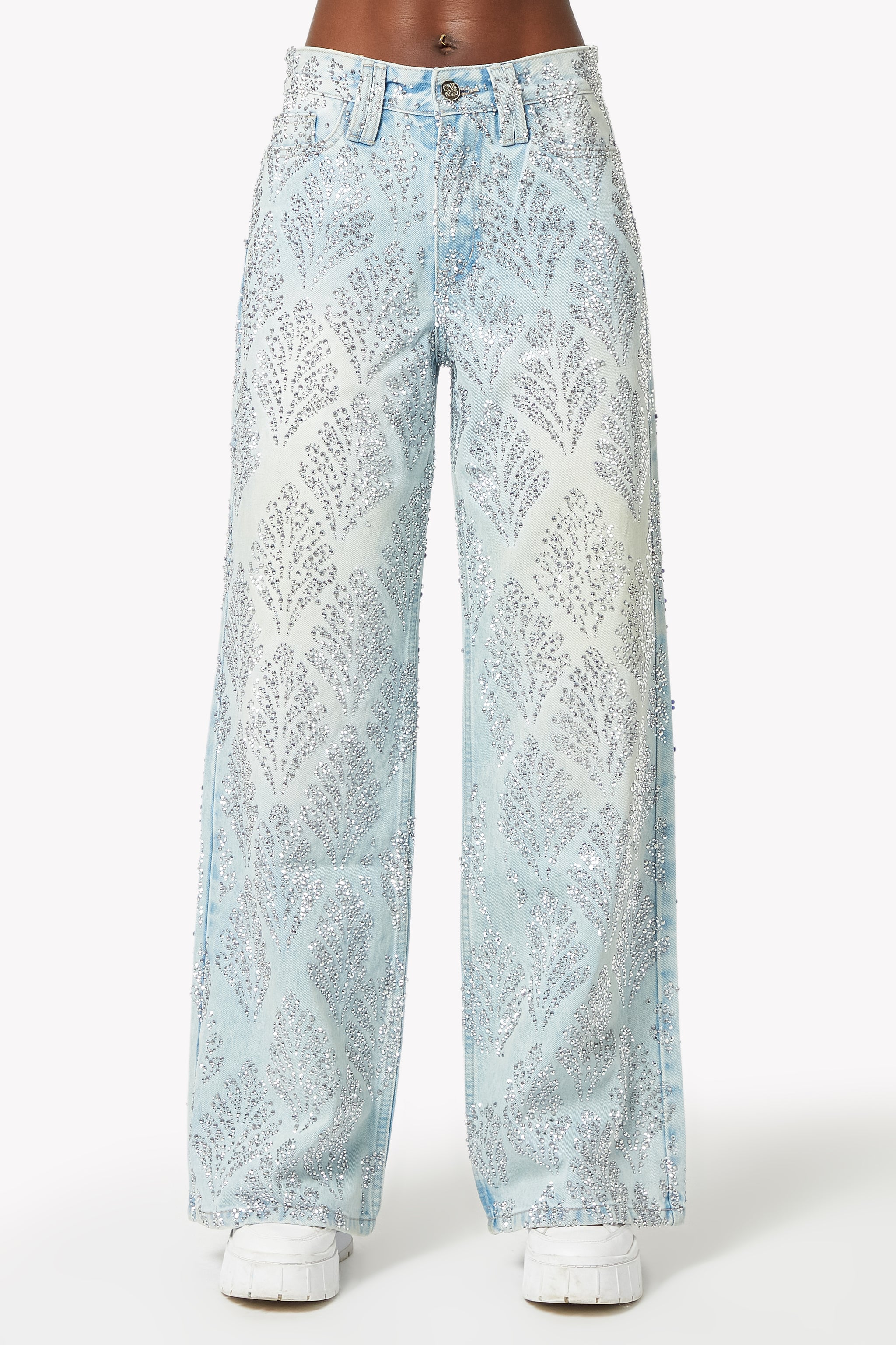 Aqua Blue Embellished Flared Denim