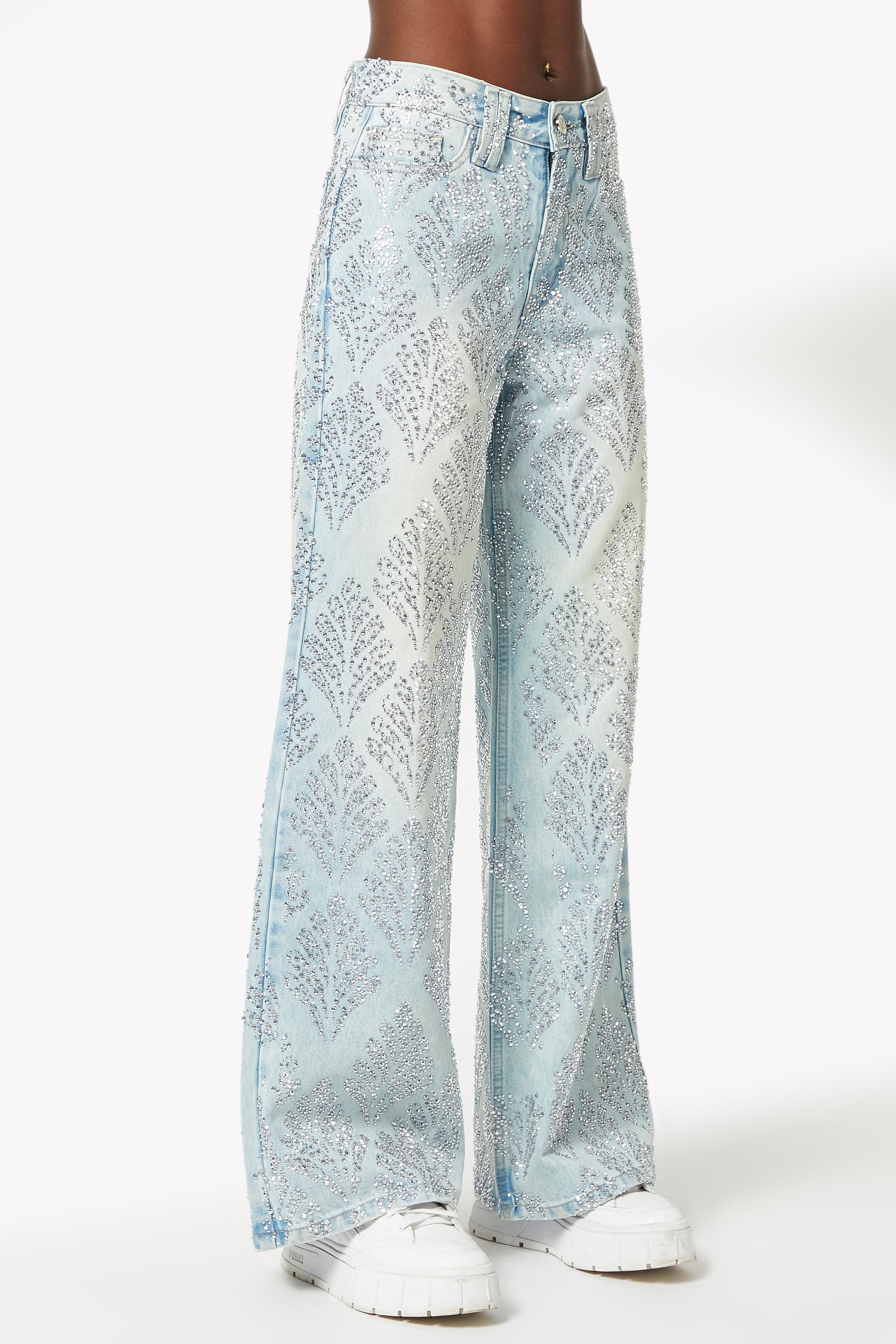Aqua Blue Embellished Flared Denim