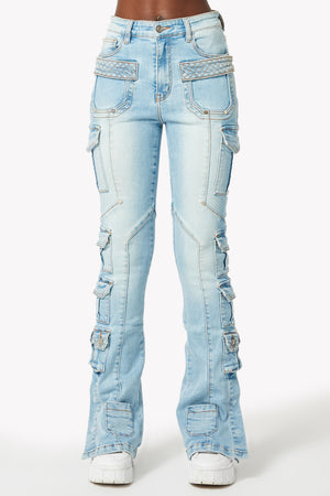 Aqua Blue Cargo Stacked Denim
